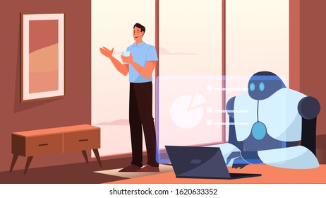 Artificial intelegence as a part of human routine. Domestic personal robot for people assistance. AI helps a businessman, future technology concept. Vector illustration in cartoon style
