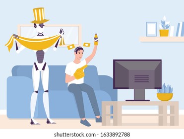 Artificial intelegence as a part of human routine. Domestic personal robot watch football with man. AI helps people in their life, future technology concept. Vector illustration in cartoon style