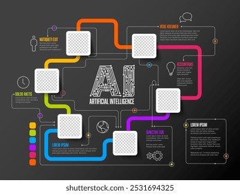 Artificial inteligence conceptual infographic template in fresh modern style with place for your text and photo content. AI artificial inteligence infochart with photo placeholders on dark background