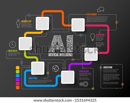 Artificial inteligence conceptual infographic template in fresh modern style with place for your text and photo content. AI artificial inteligence infochart with photo placeholders on dark background