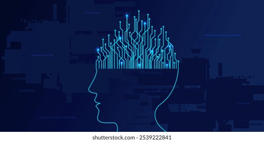 Artificial inteligence. Futuristic technology background. AI chip processor. Human head outline. Contemporary science, electronic digital brain, big data