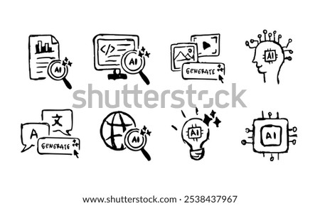 Artificial inteligence icon set collection. Hand drawn doodle of AI technology theme icons pack. Vector scribble style of machine learning, generate ai processing illustration concept design.