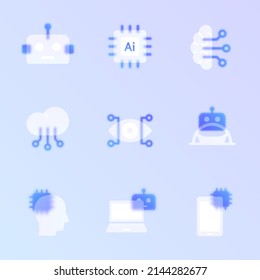 Artificial Intellegence Glass Morphism Trendy Style Icon Set. Transparent Glass Color Vector Icons With Blur And Purple Gradient. For Web And Ui Design, Mobile Apps And Promo Business Polygraphy