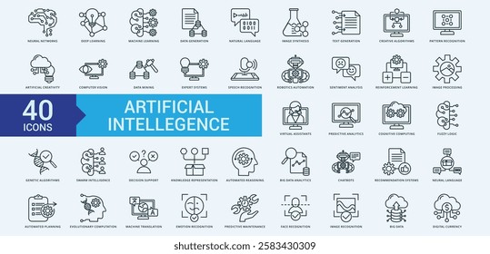 Artificial intellegence icon collection set with neural networks, deep learning, machine learning, data generation, natural language
