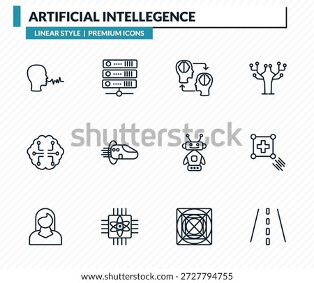 artificial intellegence icons set - speech, servers, mind transfer, match moving, road outline vector collection.
