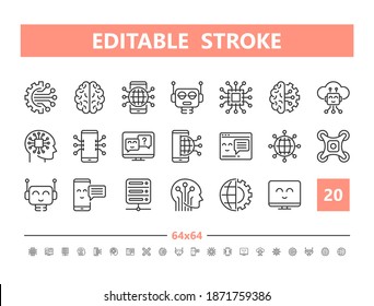 Artificial intelligence 20 line icons. Vector illustration in line style. Editable Stroke, 64x64, 256x256, Pixel Perfect.