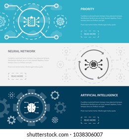 Artificial Intelligence 3 horizontal webpage banners template with Priority, Neural network, Artificial Intelligence concept. Flat modern isolated icons illustration.