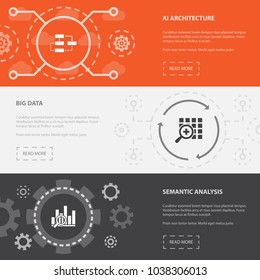 Artificial Intelligence 3 horizontal webpage banners template with AI Architecture, Big data, Semantic Analysis concept. Flat modern isolated icons illustration.