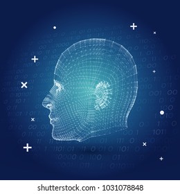 Artificial Intelligence with 3D Cyborg Mesh Face Vector Illustration Background - Futuristic Business Presentation Template
