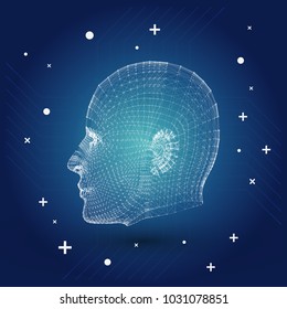Artificial Intelligence with 3D Cyborg Mesh Face Vector Illustration Background - Futuristic Business Presentation Template