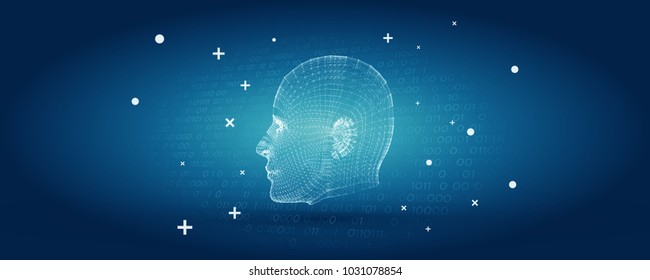 Artificial Intelligence with 3D Cyborg Mesh Face Vector Illustration Background - Futuristic Business Presentation Template