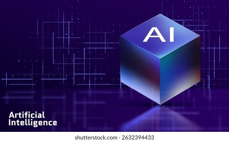 Artificial Intelligence 3D hi-tech cube Big Data machine learning server concept background light dots depth of field effect data sorting business server security HUD design element