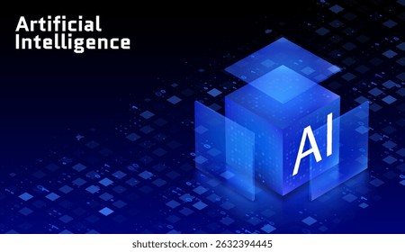Artificial Intelligence 3D hi-tech cube Big Data machine learning server concept background light dots depth of field effect data sorting business server security HUD design element