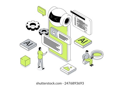 Artificial intelligence 3d isometric concept in outline isometry design for web. People working and programming ai robots, creating chatbot, machine learning and cyber automation. Vector illustration.