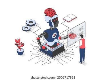 Artificial intelligence 3d isometric concept with isometry people design for web. Man programming robot brain, using AI servers and virtual chatbot, developing robotic technology. Vector illustration.