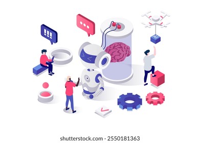 Artificial intelligence 3d isometric concept in geometry graphic design for web. People working with AI and robots technology, creating brain neural network and machine learning. Vector illustration.