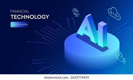 Artificial Intelligence 3d Isometric Text Symbol on Neon Minimal Podium Stand with Icons and Electric Lines, AI Digit Deep Learning Automation Concepts. High Tech Cyber Futuristic Vector Illustration.