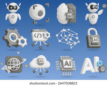 Inteligência Artificial 3D Vetor Icon Set - Símbolos Tecnológicos Isolados: Robô AI, Iris Scan, Cérebro Mecânico, Codificação, Sistema de Nuvem, Bloqueio, Rede Globo, Chip AI