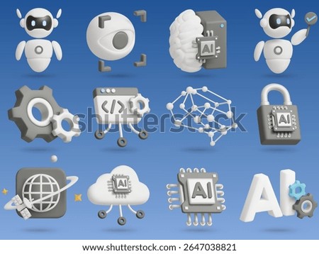 Artificial Intelligence 3D Vector Icon Set – Isolated Tech Symbols: AI Robot, Iris Scan, Mechanical Brain, Coding, Cloud System, Lock Pad, Globe Network, AI Chip