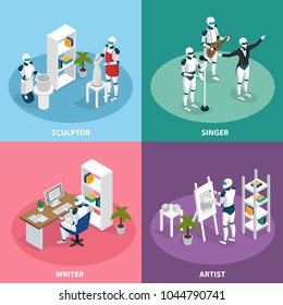 Artificial intelligence 4 isometric icons concept with creative robots sculptor artist writer singer musician isolated vector illustration 