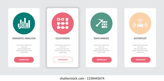 Artificial Intelligence 4 webpage banners concept template with Semantic Analysis, Clustering, Data mining, Autopilot icons. Trendy web UI design concept