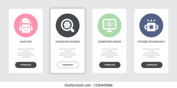 Artificial Intelligence 4 webpage banners concept template with Chat Bot, Cognitive Science, Computer Vision, Future technology icons. Trendy web UI design concept