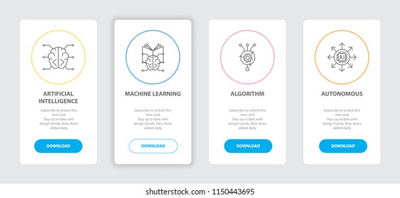 Artificial Intelligence 4 webpage banners line concept template with Artificial Intelligence, Machine learning, Algorithm, Autonomous icons. Modern web UI design concept