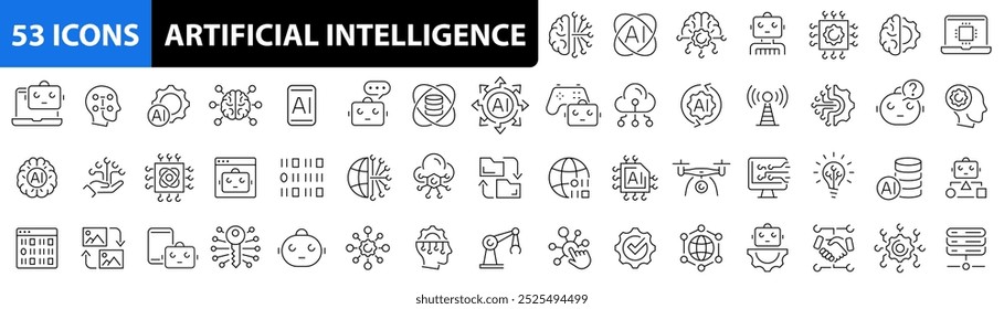 Artificial Intelligence 53 web icon set. AI technology icons. Machine learning, digital AI technology, algorithm, smart robotic, cloud computing network, auto, payment, service, cashiers and more