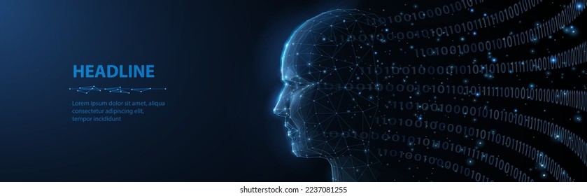 Artificial intelligence. Abstract 3D Poligonal ai human face on blue. Cyber robot, Ai technology, big data code, artificial mind, cyborg women, digital innovation, Artificial intelligence concept
