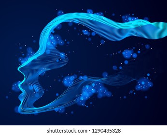 Artificial Intelligence, abstract artistic human head portrait made of dotted particles array, vector software digital visual interface. Digital soul, spirit of technological time.