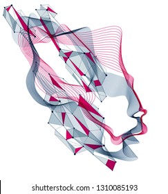 Artificial Intelligence, abstract artistic human head portrait made of dotted particles array, vector software digital visual interface. Digital soul, spirit of technological time.