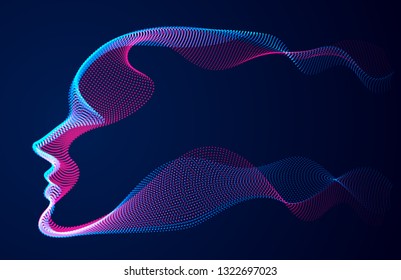 Artificial Intelligence, abstract artistic human head portrait made of dotted particles array, vector software digital visual interface. Digital soul, spirit of technological time.