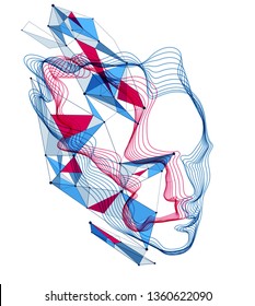 Artificial Intelligence, abstract artistic human head portrait made of dotted particles array, vector software digital visual interface. Digital soul, spirit of technological time.