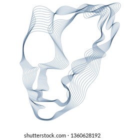 Artificial Intelligence, abstract artistic human head portrait made of dotted particles array, vector software digital visual interface. Digital soul, spirit of technological time.