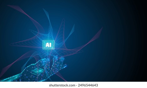Artificial intelligence abstract background. AI Computer chip in digital hand. 