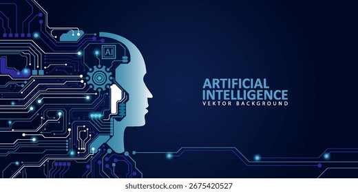 Fundo abstrato de inteligência artificial, chipset AI na placa de circuito. Design de conceito de tecnologia, aprendizagem de máquina e geração por chip, ilustração de vetor para banner e modelo da web.
