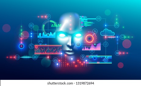 Artificial intelligence abstract concept banner. Digital mind analyzes data information. AI connection with neural network, solves business tasks. Cyber face looking at hud graphic interface.
