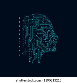 Artificial intelligence. Abstract geometric Human head outline with circuit board. Technology and engineering concept background. Vector illustration