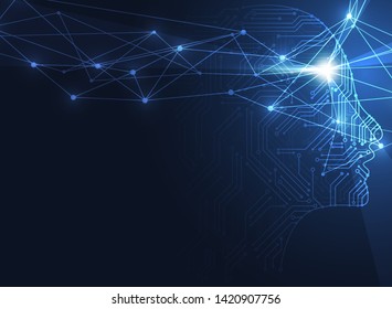 Artificial intelligence. Abstract geometric Human head outline with circuit board. Technology and engineering concept background. Vector illustration