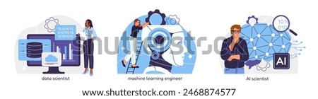 Artificial Intelligence Abstract Illustration Set. Machine learning, neural networks, AI, and data science. Modern technologies. Cartoon flat vector illustrations isolated on white background