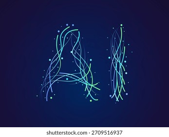 Inteligencia artificial con letra Abstractas AI Líneas dinámicas curvas Movimiento en el concepto de diseño de Vector de fondo azul oscuro. Tecnología de IA para tecnología avanzada, automatización, visualización de datos, robot