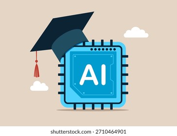Inteligência artificial em chapéu mortarboard Academic. Tecnologia de IA. Ilustração em plano vetorial 