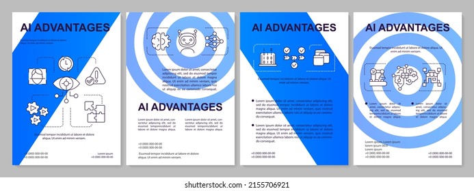 Artificial intelligence advantages blue brochure template. Leaflet design with linear icons. 4 vector layouts for presentation, annual reports. Arial-Black, Myriad Pro-Regular fonts used