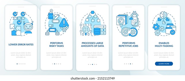 La inteligencia artificial se beneficia de la pantalla azul de aplicación móvil incorporada. Recorrido 5 pasos de páginas de instrucciones gráficas con conceptos lineales. UI, UX, plantilla GUI. Multitud de tipos de letra Pro-Bold, con uso regular