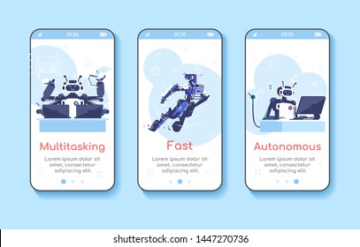 Artificial Intelligence advantages onboarding mobile app screen template. AI, machine learning. Multitasking, fast, autonomous. Walkthrough website. Flat UX, UI, GUI smartphone cartoon interface