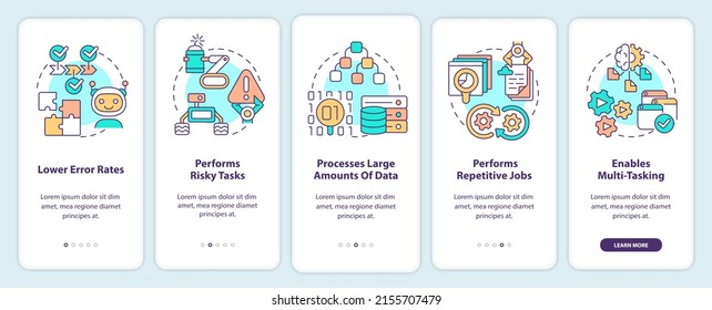 Artificial intelligence advantages onboarding mobile app screen. Walkthrough 5 steps graphic instructions pages with linear concepts. UI, UX, GUI template. Myriad Pro-Bold, Regular fonts used