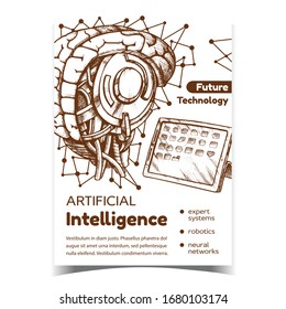 Artificial Intelligence Advertising Poster Vector. High Technology Robotic Intelligence Brain And Electronic Tablet. Mind Cyberbrain Hand Drawn In Vintage Style Monochrome Illustration