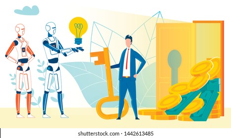 Artificial Intelligence Advice Dealing With Money. Wealthy Businessman, Investor Asking Ai, Program For Help With Finances Cartoon Illustration. Automated, Programmed Financial Advisor