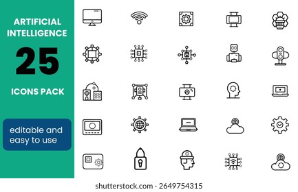Conjunto de ícones editáveis da linha do Agente de Inteligência Artificial (AI). Ilustração vetorial no estilo de linha fina moderna de ícones relacionados à tecnologia: chatbot, gerador, operador de IA, etc.