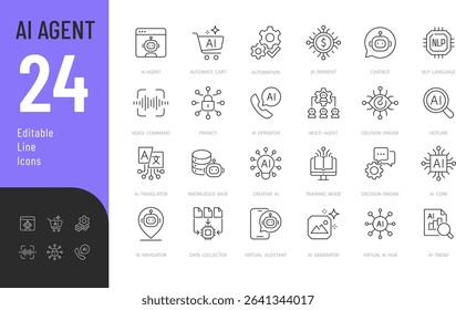 Artificial Intelligence Agent Line Editable Icons set. Vector illustration in modern thin line style of technology related icons: chatbot, generator, AI operator, and more.